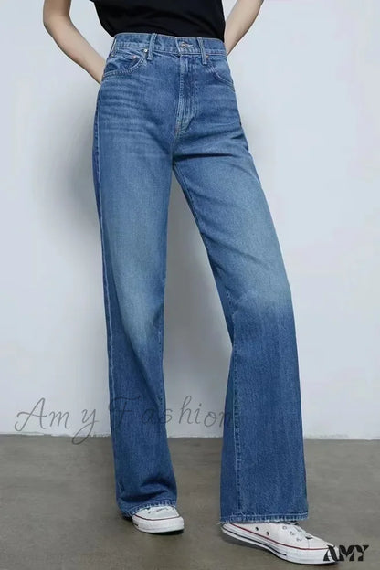 Amy Fashion - 2024 New High-Waisted Wide-Leg Straight Women Solid-Color Embroidered Letter Denim