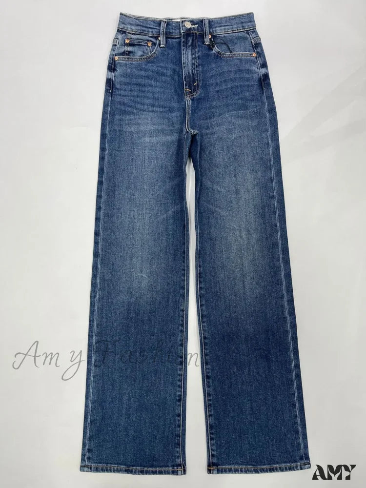 Amy Fashion - 2024 New High-Waisted Wide-Leg Straight Women Solid-Color Embroidered Letter Denim