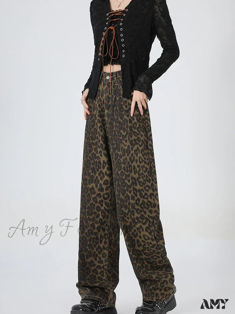 Amy Fashion - 2024 New Leopard Print Wide Leg Women High Waisted Streetwear Retro Y2K Denim Baggy