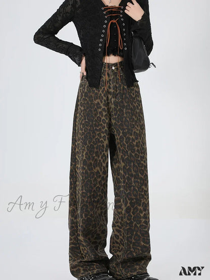 Amy Fashion - 2024 New Leopard Print Wide Leg Women High Waisted Streetwear Retro Y2K Denim Baggy