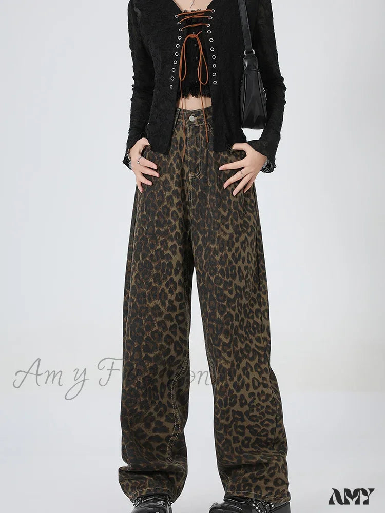 Amy Fashion - 2024 New Leopard Print Wide Leg Women High Waisted Streetwear Retro Y2K Denim Baggy