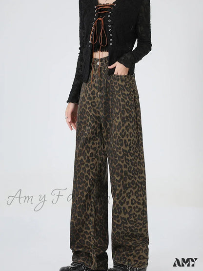 Amy Fashion - 2024 New Leopard Print Wide Leg Women High Waisted Streetwear Retro Y2K Denim Baggy