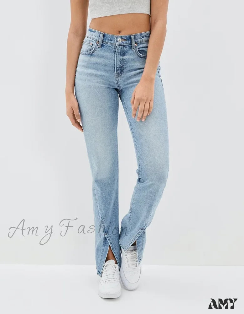 Amy Fashion - 2024 New Slit Slim Flare Women’s High Waist Flared Pants Streetwear Jean