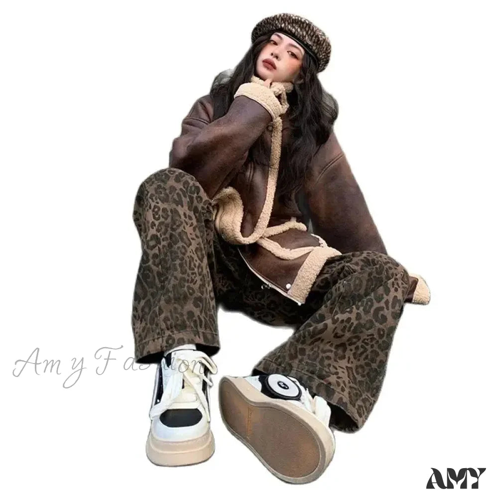 Amy Fashion - 2024 New Y2K Leopard Print High Waisted Women Streetwear Retro Wide Leg Denim Baggy