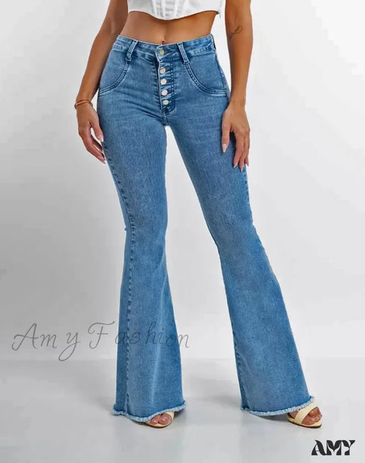 Amy Fashion - 2024 Skinny Flare For Women High Waist Button Lady Sexy Push Up Denim Bell Bottom Jean