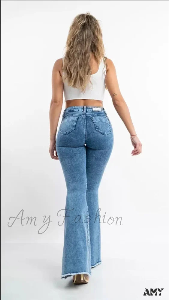 Amy Fashion - 2024 Skinny Flare For Women High Waist Button Lady Sexy Push Up Denim Bell Bottom Jean