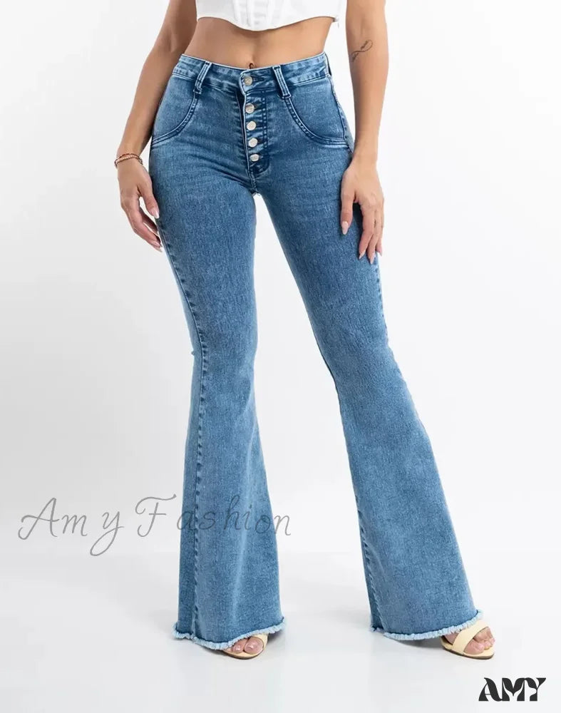 Amy Fashion - 2024 Skinny Flare For Women High Waist Button Lady Sexy Push Up Denim Bell Bottom Jean