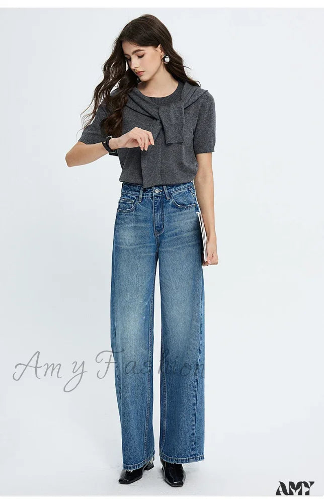 Amy Fashion - 2024 Spring New High-Waisted Loose Slimming Wide-Leg Denim Versatile Floor-Length Jean