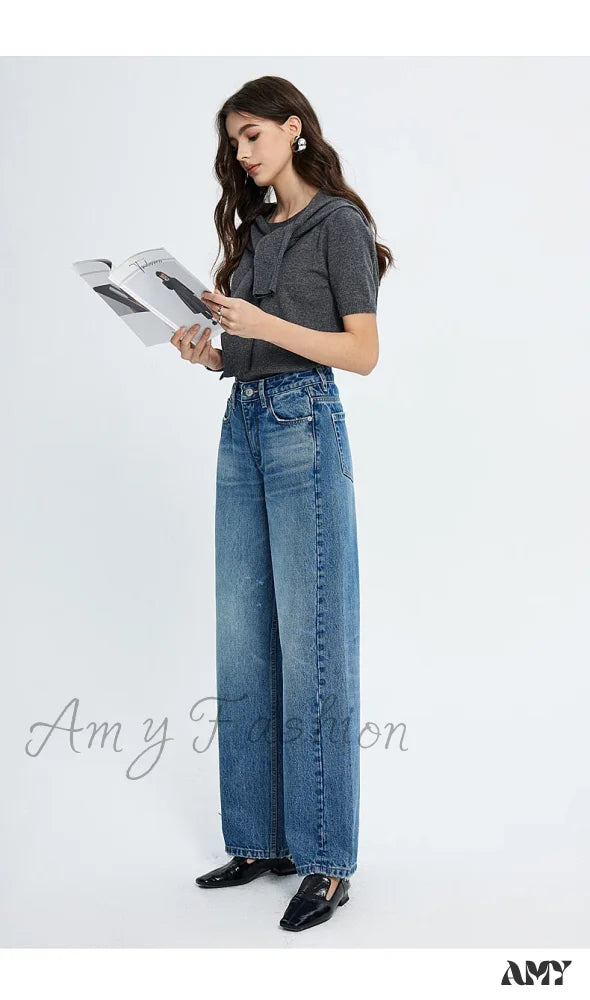 Amy Fashion - 2024 Spring New High-Waisted Loose Slimming Wide-Leg Denim Versatile Floor-Length Jean