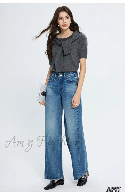 Amy Fashion - 2024 Spring New High-Waisted Loose Slimming Wide-Leg Denim Versatile Floor-Length Jean