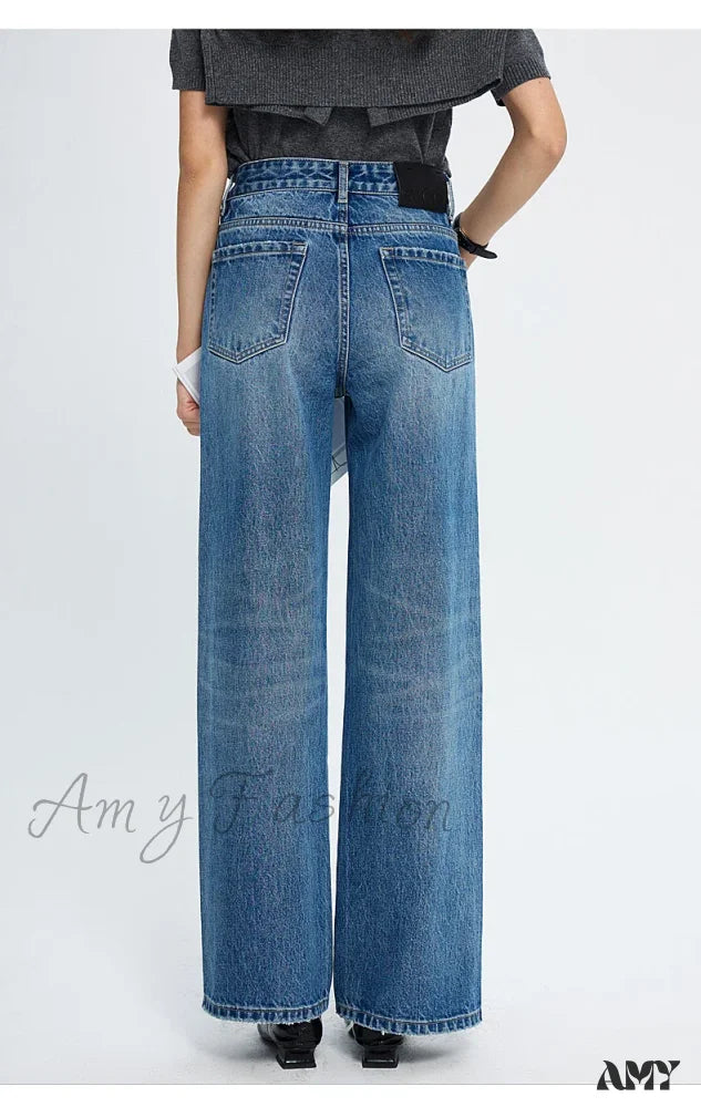 Amy Fashion - 2024 Spring New High-Waisted Loose Slimming Wide-Leg Denim Versatile Floor-Length