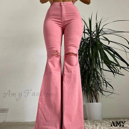 Amy Fashion - 2024 Spring Summer Flare For Woman Ripped Raw Edge Flared Women’s Butt-Lifting High