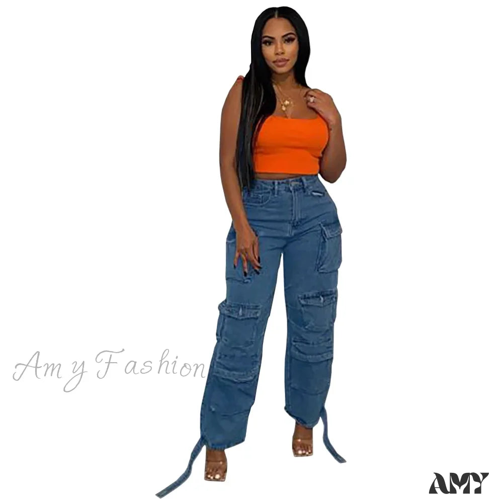 Amy Fashion - 2024 Straight Denim Streetwear Pocket Front Lace Hem Cargo Wide Leg Jean