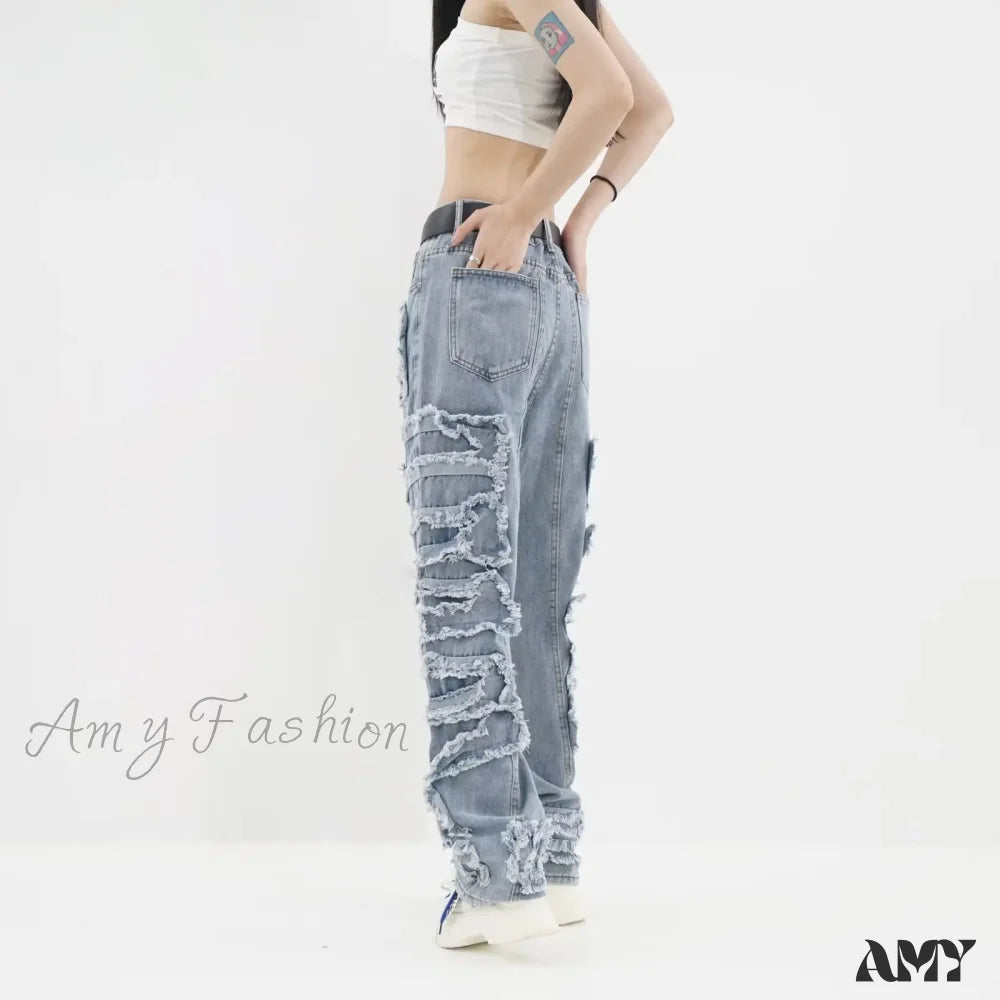 Amy Fashion - 2024 Streetwear Stacked Clothing Y2K Baggy Ripped Hip Hop Straight Vintage Denim Jean