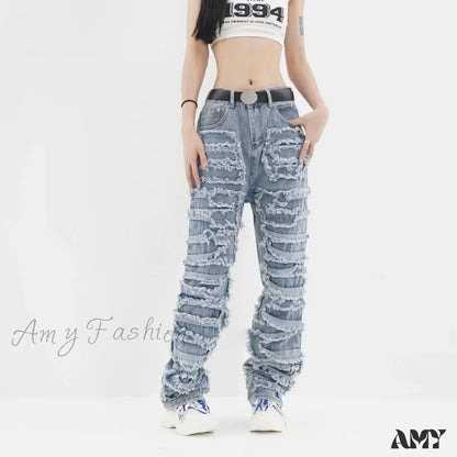 Amy Fashion - 2024 Streetwear Stacked Clothing Y2K Baggy Ripped Hip Hop Straight Vintage Denim Jean