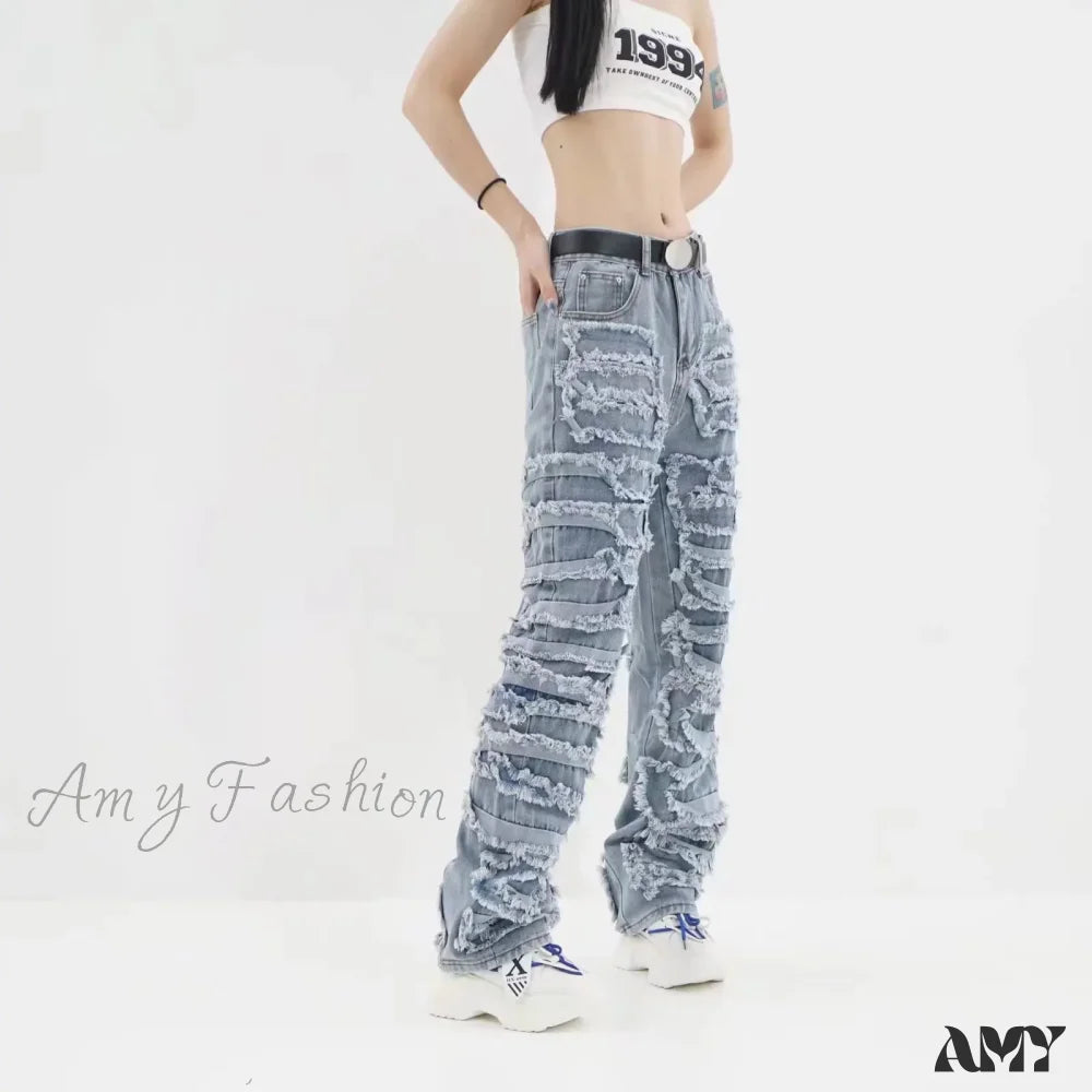 Amy Fashion - 2024 Streetwear Stacked Clothing Y2K Baggy Ripped Hip Hop Straight Vintage Denim Jean