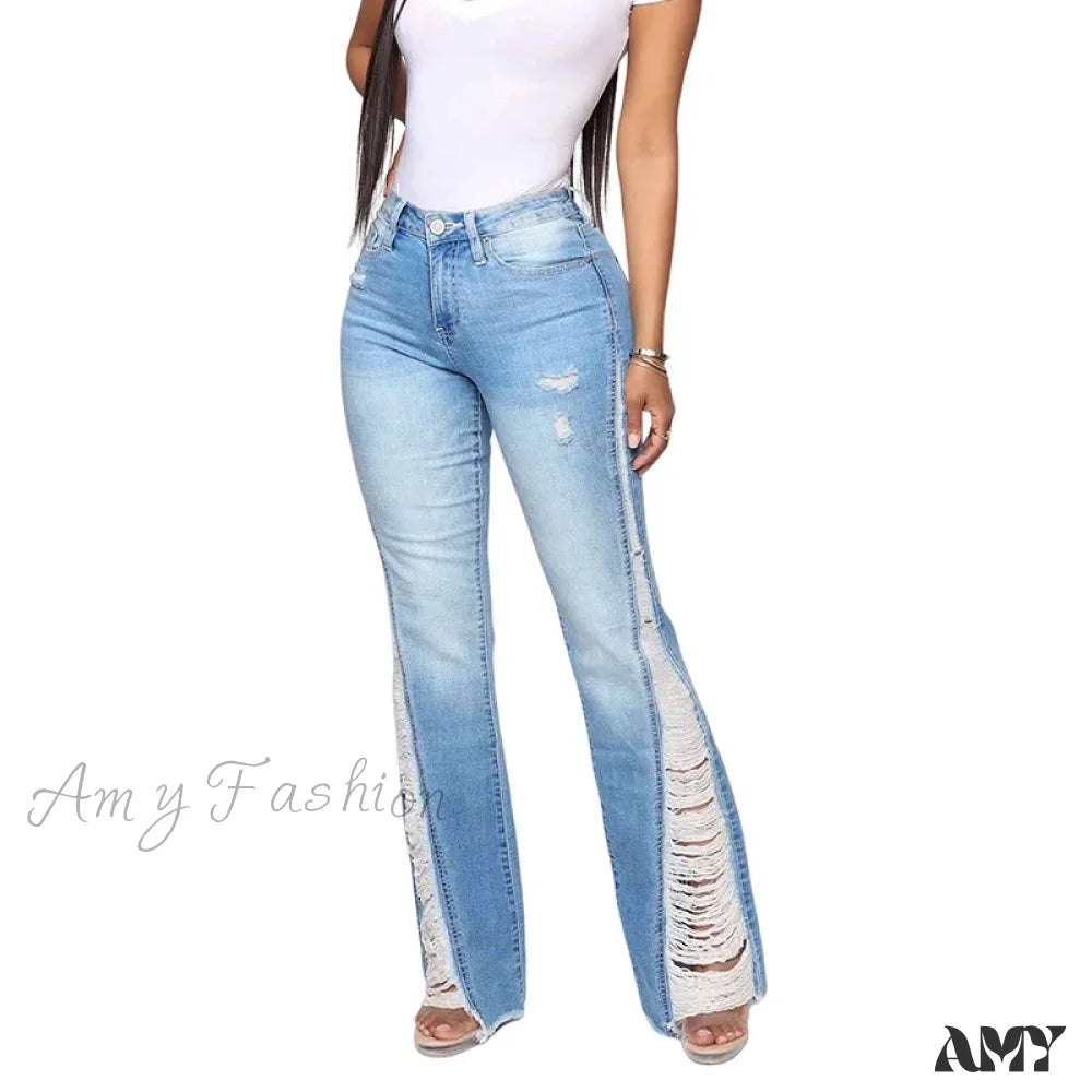 Amy Fashion - 2024 Stretch Women’s Leg Side Hole Flare High Waist Sexy Fringe Ripped Hollow Denim