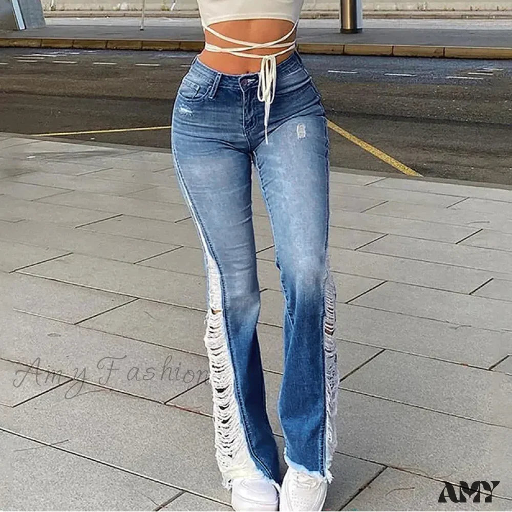 Amy Fashion - 2024 Stretch Women’s Leg Side Hole Flare High Waist Sexy Fringe Ripped Hollow Denim