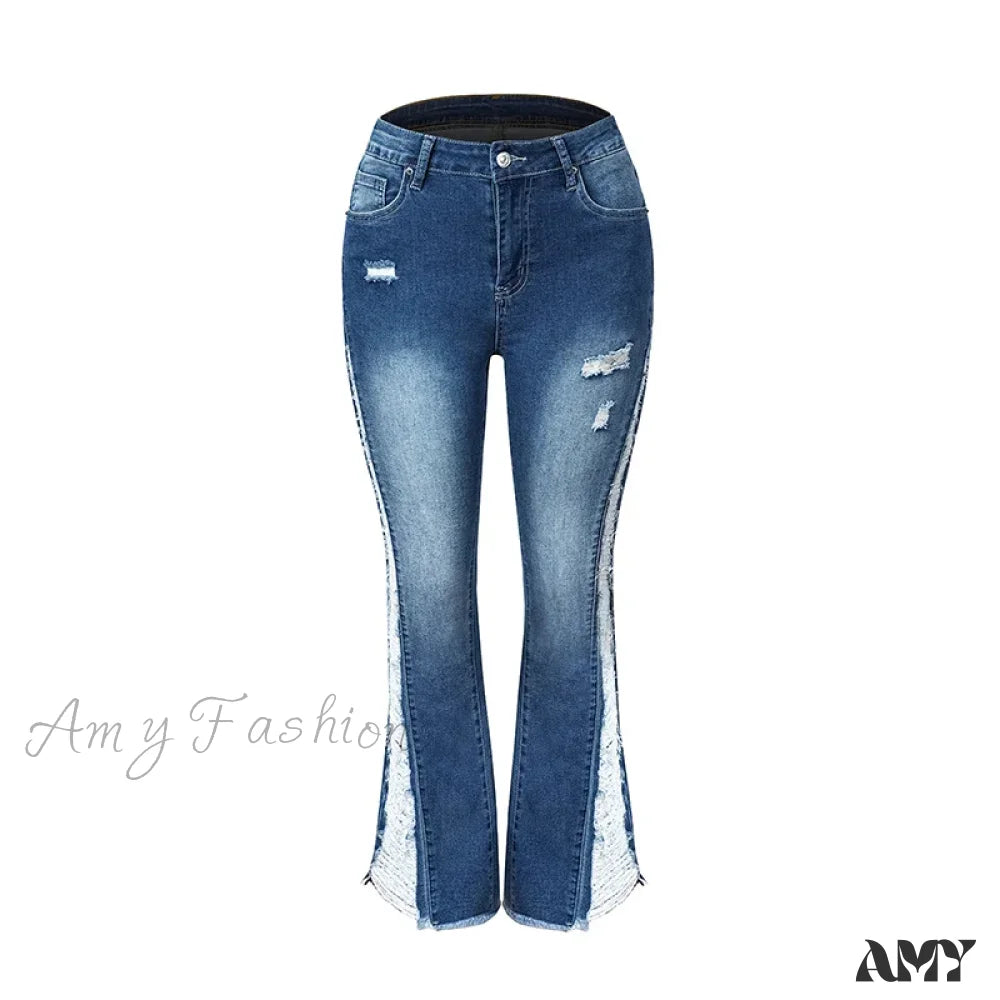 Amy Fashion - 2024 Stretch Women’s Leg Side Hole Flare High Waist Sexy Fringe Ripped Hollow Denim