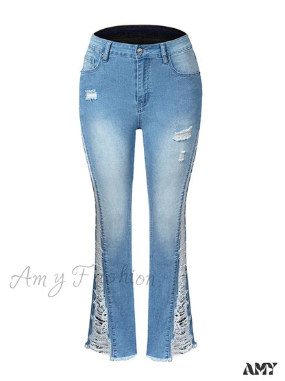 Amy Fashion - 2024 Stretch Women’s Leg Side Hole Flare High Waist Sexy Fringe Ripped Hollow Denim