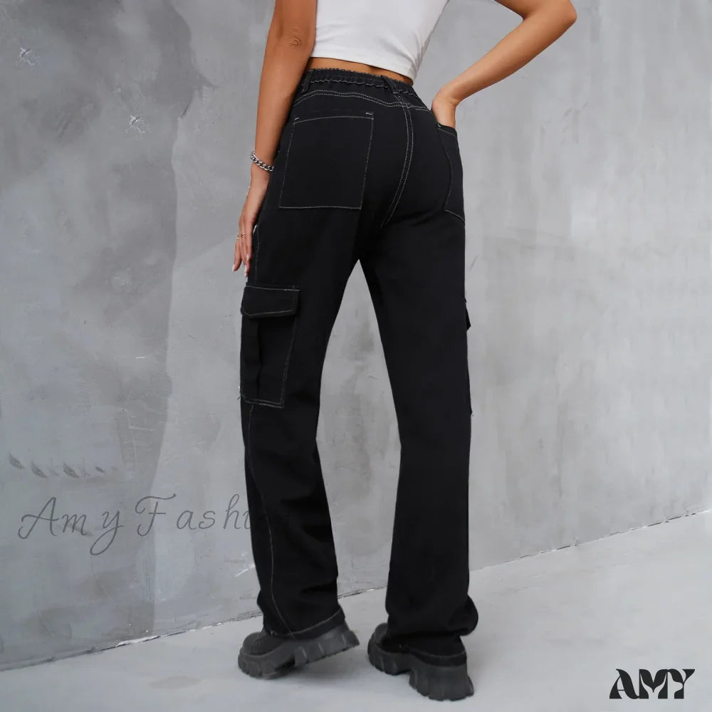 Amy Fashion - 2024 Vintage Baggy Wide Leg Streetwear Straight Denim Pockets Cargo Jean