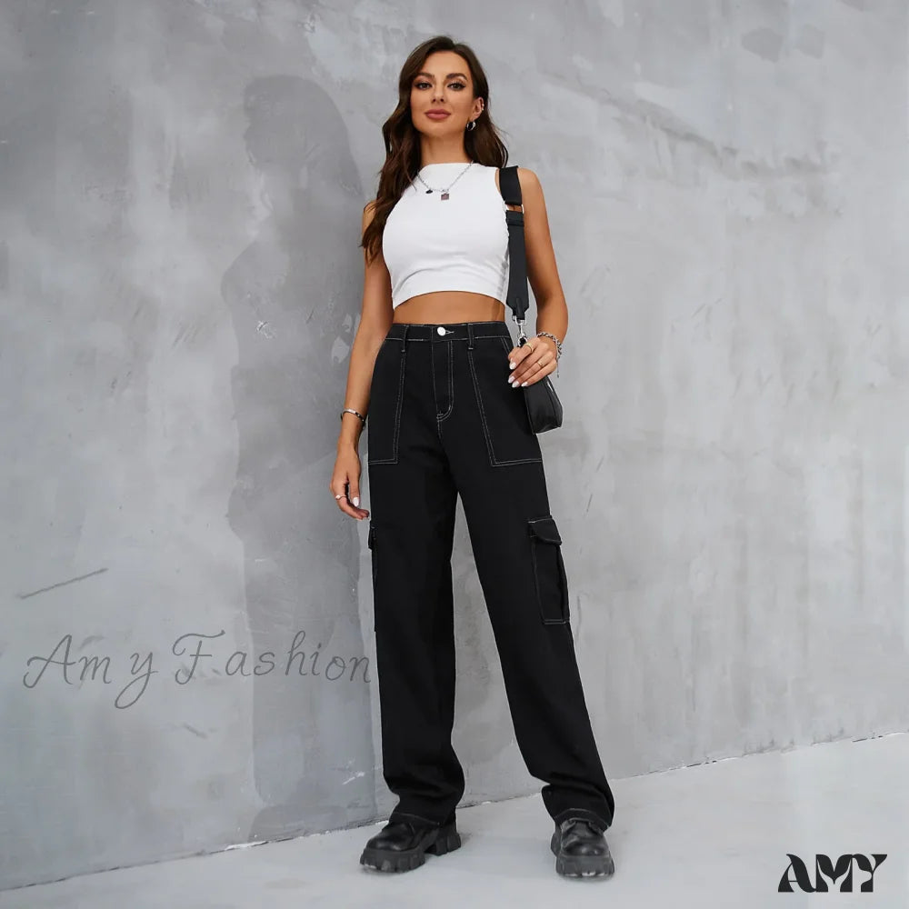 Amy Fashion - 2024 Vintage Baggy Wide Leg Streetwear Straight Denim Pockets Cargo Jean