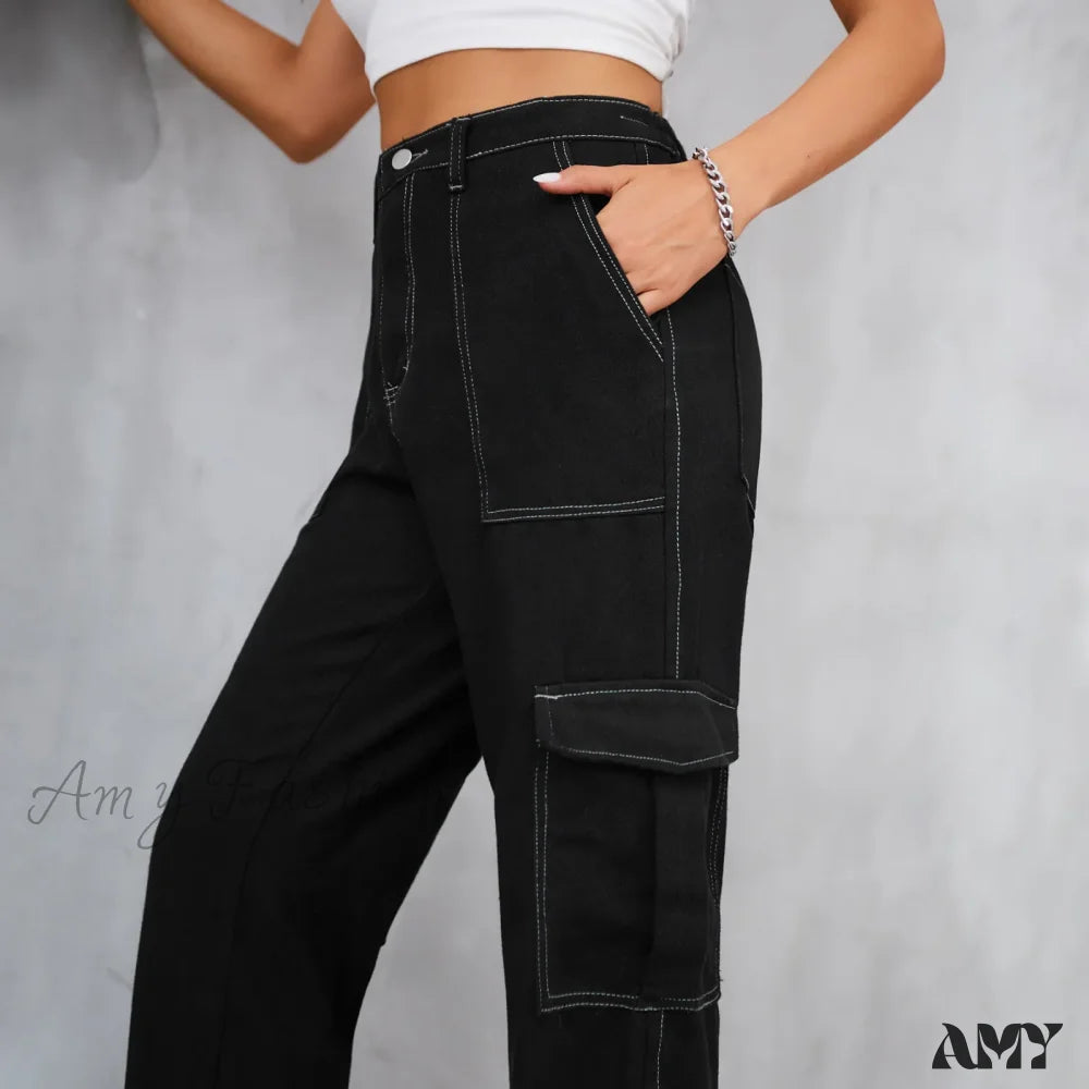 Amy Fashion - 2024 Vintage Baggy Wide Leg Streetwear Straight Denim Pockets Cargo Jean