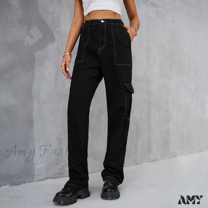 Amy Fashion - 2024 Vintage Baggy Wide Leg Streetwear Straight Denim Pockets Cargo Jean