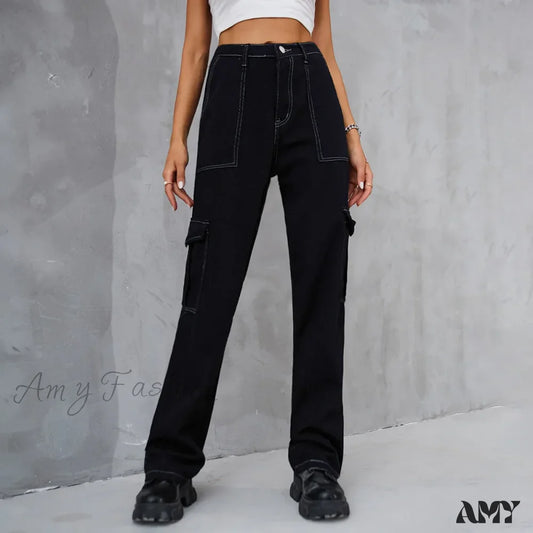 Amy Fashion - 2024 Vintage Baggy Wide Leg Streetwear Straight Denim Pockets Cargo Jean