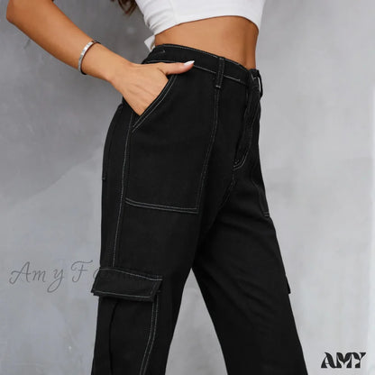 Amy Fashion - 2024 Vintage Baggy Wide Leg Streetwear Straight Denim Pockets Cargo Jean