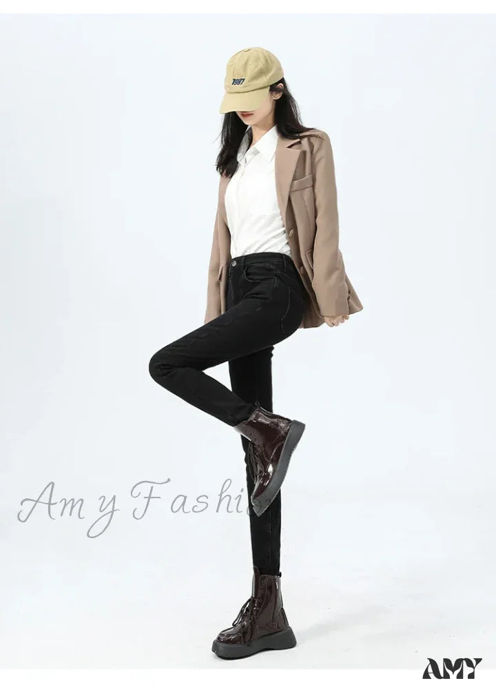 Amy Fashion - 2024 Winter Thermal Warm Plush Stretch Lady Skinny Fleece Women Thicken High Waist