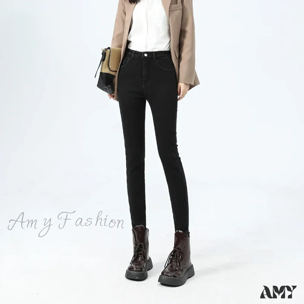 Amy Fashion - 2024 Winter Thermal Warm Plush Stretch Lady Skinny Fleece Women Thicken High Waist