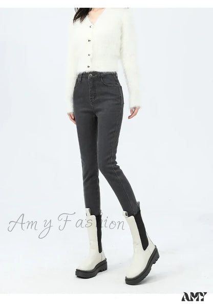 Amy Fashion - 2024 Winter Thermal Warm Plush Stretch Lady Skinny Fleece Women Thicken High Waist