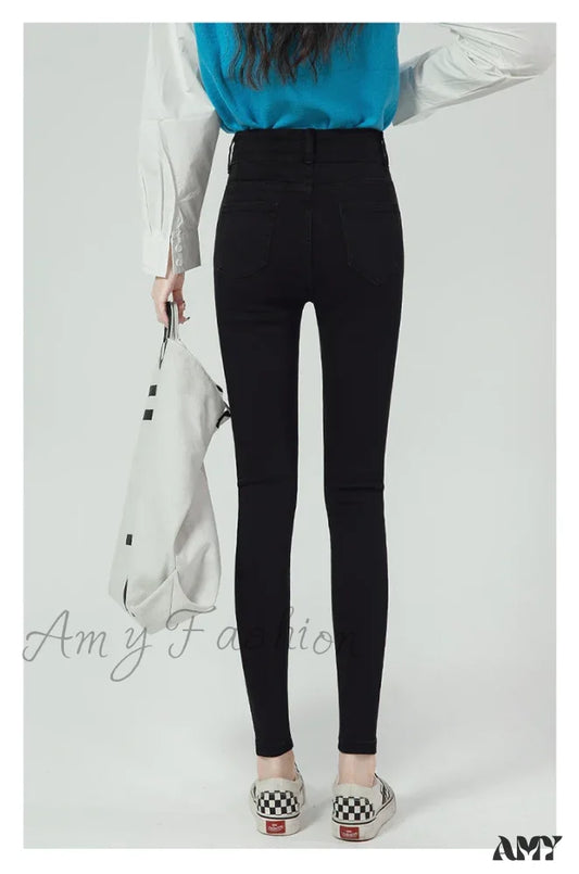 Amy Fashion - 2024 Winter Warm Stretch Women High Waist Skinny Retro Thick Pencil Pants Slim Denim