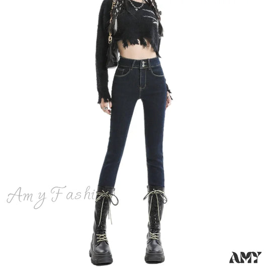 Amy Fashion - 2024 Winter Warm Stretch Women Plush Thermal Fleece Skinny Retro Trousers Female