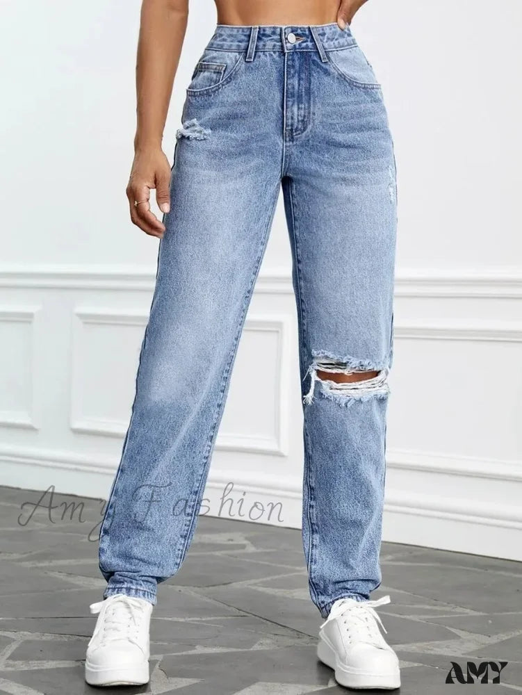 Amy Fashion - 2024 Women Casual High Streetwear Ripped Holes Denim Pants Female Vintage Trousers