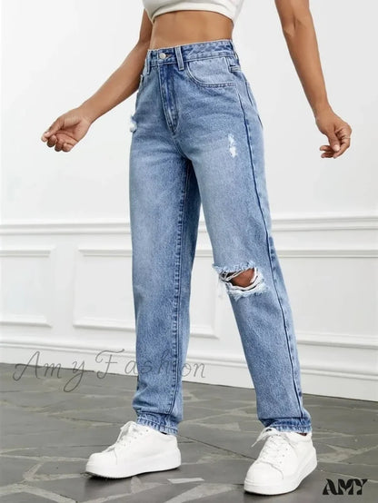 Amy Fashion - 2024 Women Casual High Streetwear Ripped Holes Denim Pants Female Vintage Trousers