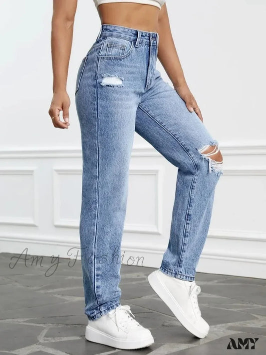 Amy Fashion - 2024 Women Casual High Streetwear Ripped Holes Denim Pants Female Vintage Trousers