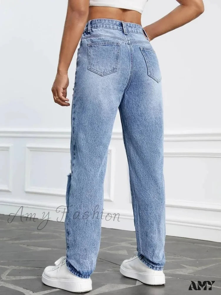 Amy Fashion - 2024 Women Casual High Streetwear Ripped Holes Denim Pants Female Vintage Trousers