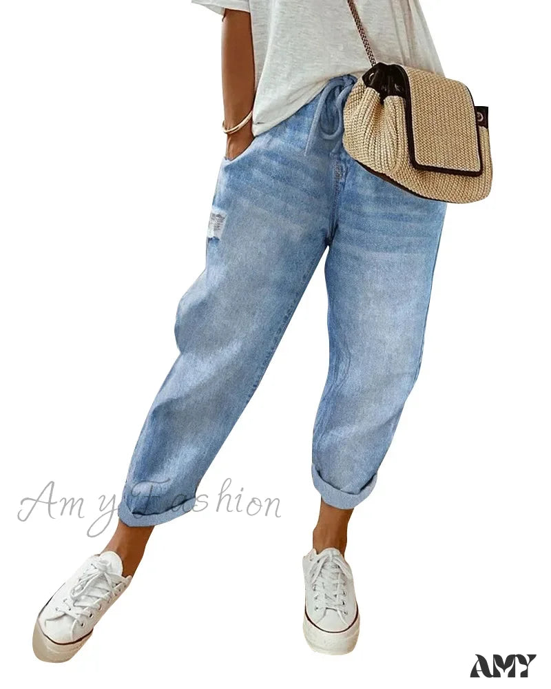 Amy Fashion - 2024 Women Drawstring Loose Causal Pocket Daily Vintage Streetwear Long Jean