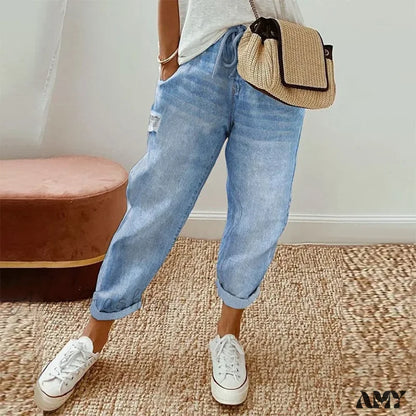 Amy Fashion - 2024 Women Drawstring Loose Causal Pocket Daily Vintage Streetwear Long Jean Light