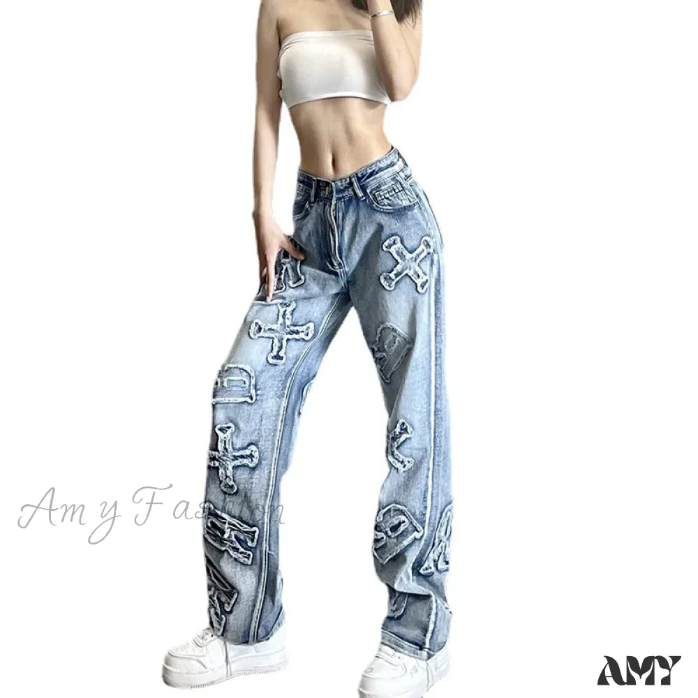 Amy Fashion - 2024 Women Letter Patch Wide Leg Blue High Waist Personality Baggy Streetwear Y2K