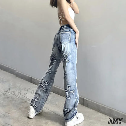 Amy Fashion - 2024 Women Letter Patch Wide Leg Blue High Waist Personality Baggy Streetwear Y2K