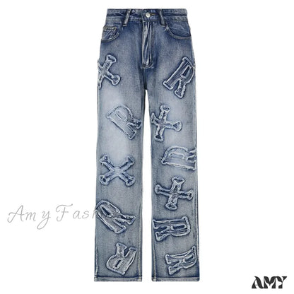 Amy Fashion - 2024 Women Letter Patch Wide Leg Blue High Waist Personality Baggy Streetwear Y2K