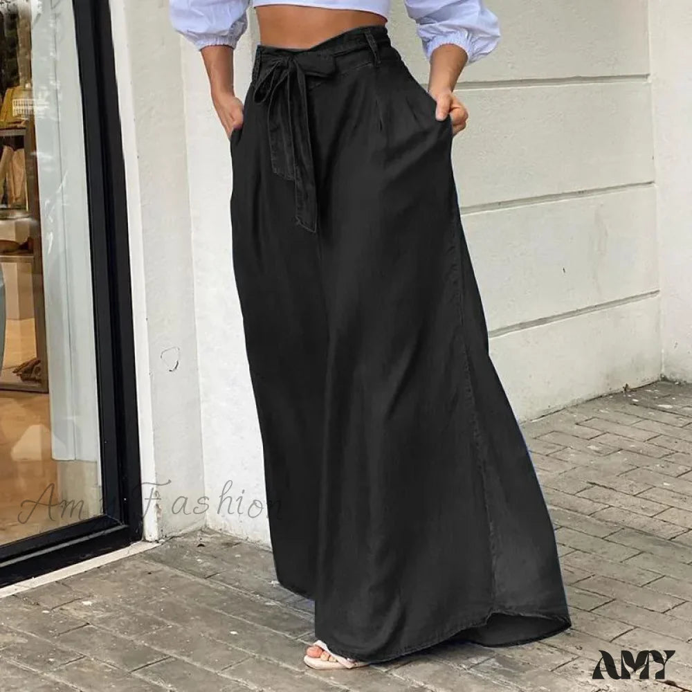 Amy Fashion - 2024 Women Long High Waist Belted Casual Loose Solid Streetwear Skirt Jean