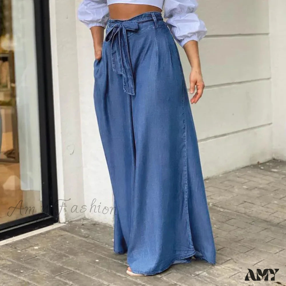 Amy Fashion - 2024 Women Long High Waist Belted Casual Loose Solid Streetwear Skirt Jean