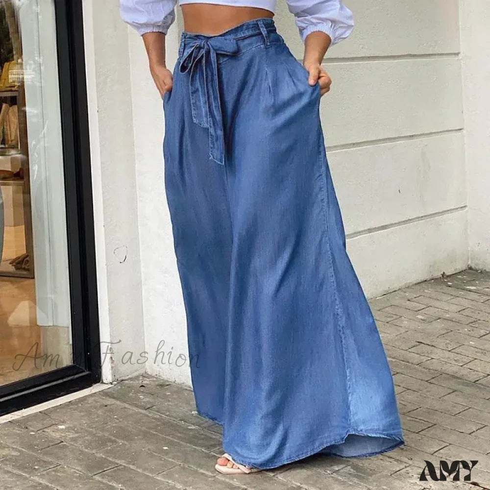 Amy Fashion - 2024 Women Long High Waist Belted Casual Loose Solid Streetwear Skirt Jean