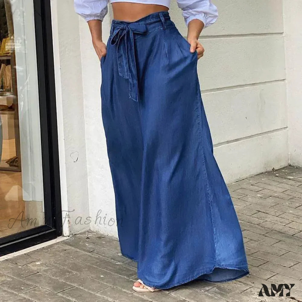 Amy Fashion - 2024 Women Long High Waist Belted Casual Loose Solid Streetwear Skirt Jean