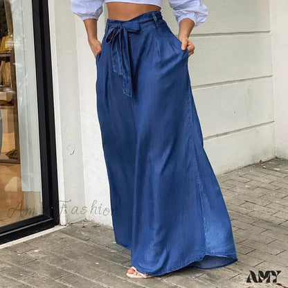 Amy Fashion - 2024 Women Long High Waist Belted Casual Loose Solid Streetwear Skirt Jean