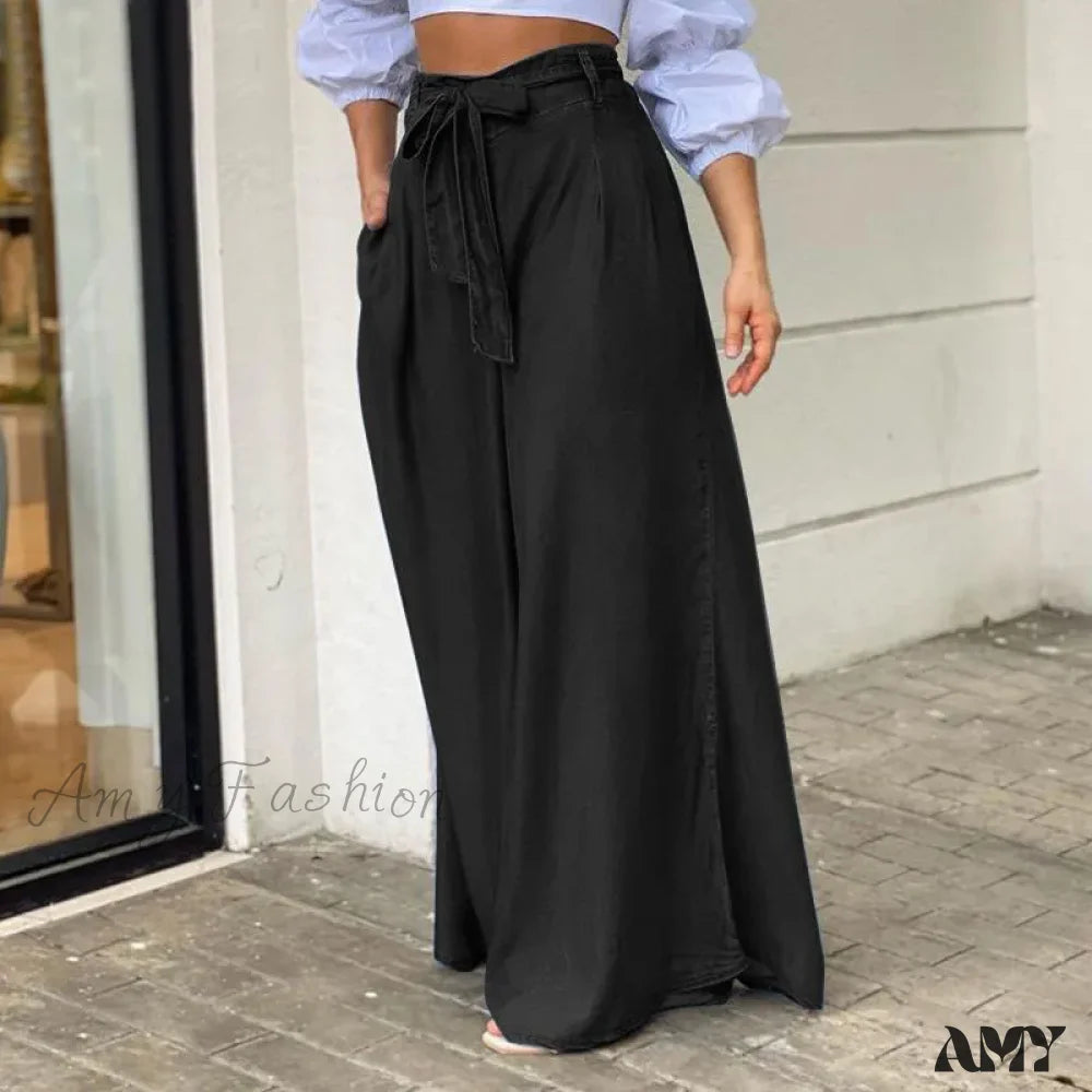 Amy Fashion - 2024 Women Long High Waist Belted Casual Loose Solid Streetwear Skirt Jean